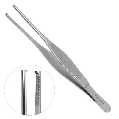 Heaney Tissue Forceps Broad Handles 2x3 Teeth And Cross Serrated Tips Size 5 1/2"