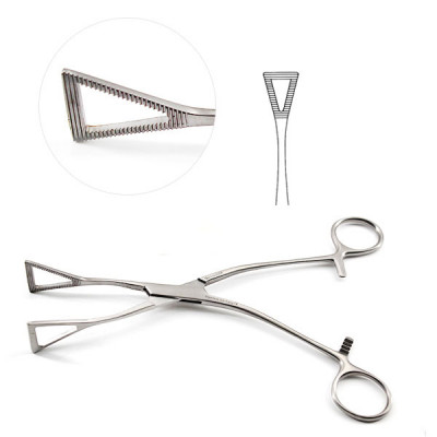 Lovelace Lung Grasping Forceps Angled Shanks Serrated Jaws 1 inch Wide 7 1/4 inch