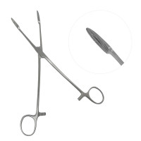 Cheron Uterine Dressing Forceps 10" Rings Angled Sideways Serrated Jaws 30X10mm
